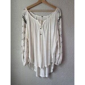 Free People Golden Nugget Ivory Embroidered Peasant Blouse Lace Up Top Medium